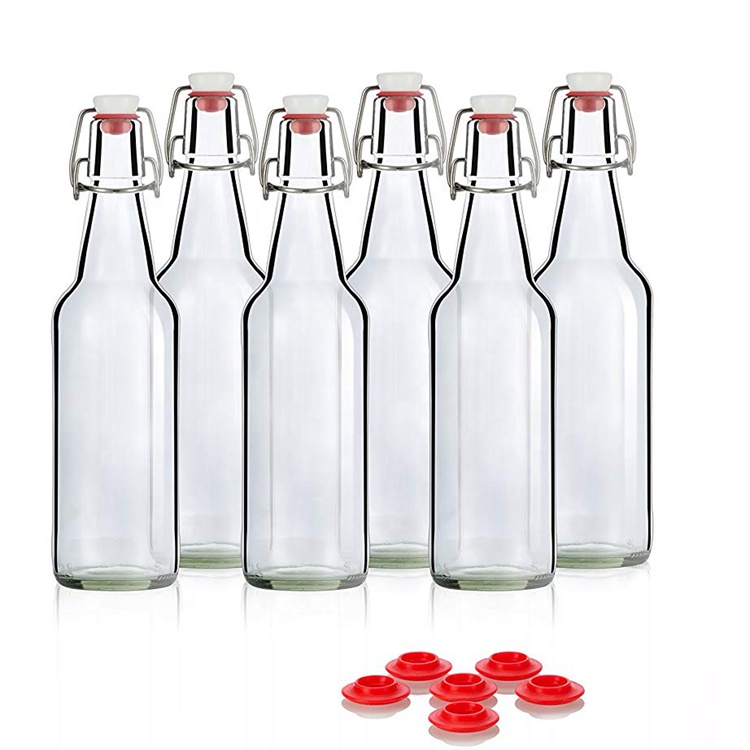 500ml 16 oz Size Clear Round Leak Proof Easy Caps Flip Top Swing Top Brewing Glass Bottles for Kombucha Kefir Beer