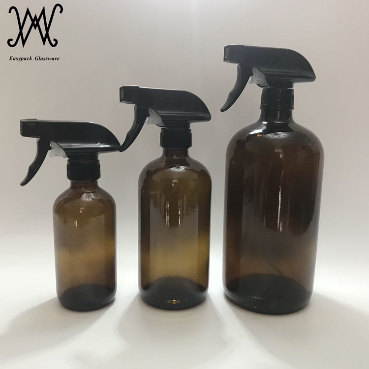 500ml 16oz amber boston round glass bottle with trigger spray for cleaner and essential oils