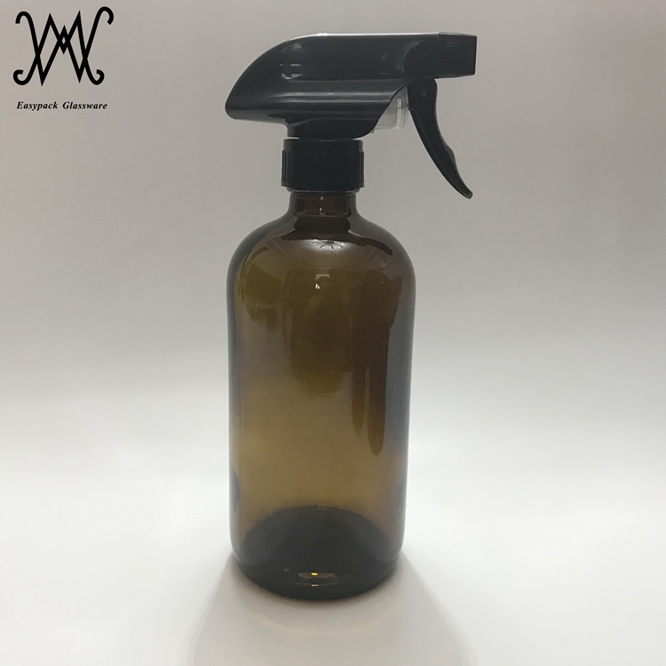 500ml 16oz amber boston round glass bottle with trigger spray for cleaner and essential oils