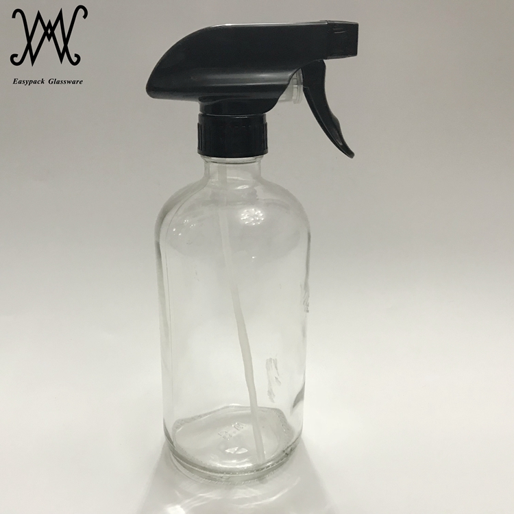 500ml 16oz amber boston round glass bottle with trigger spray for cleaner and essential oils