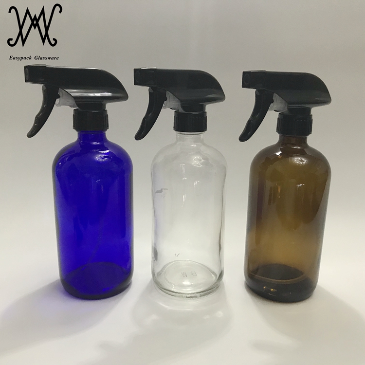 500ml 16oz amber boston round glass bottle with trigger spray for cleaner and essential oils
