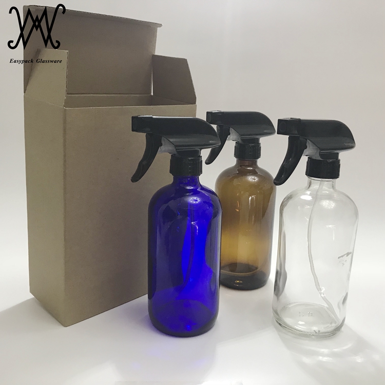 500ml 16oz amber boston round glass bottle with trigger spray for cleaner and essential oils
