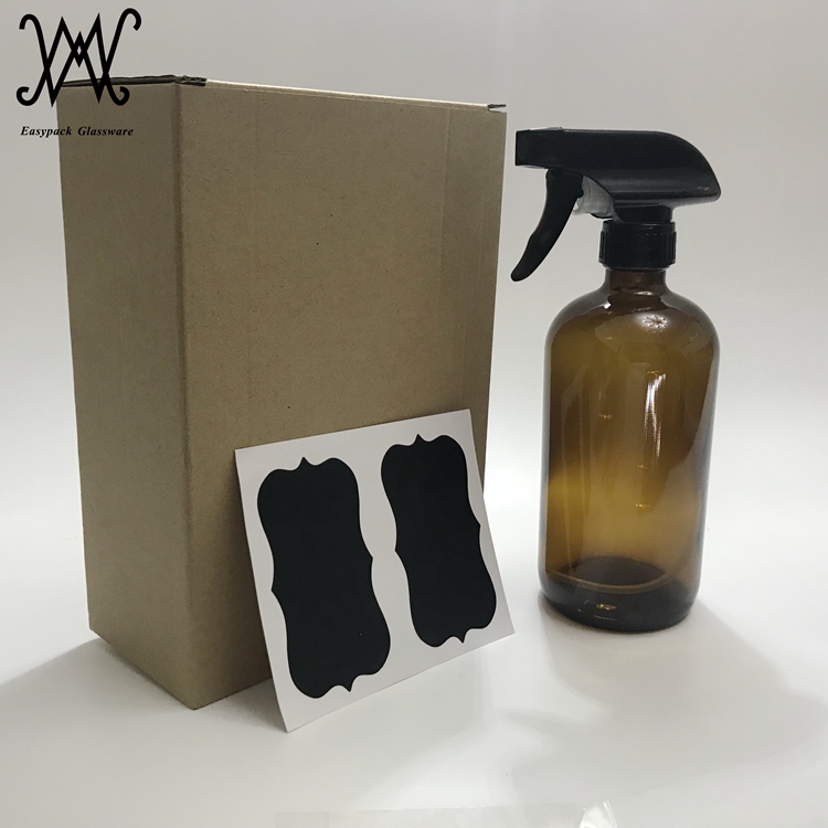 500ml 16oz amber boston round glass bottle with trigger spray for cleaner and essential oils