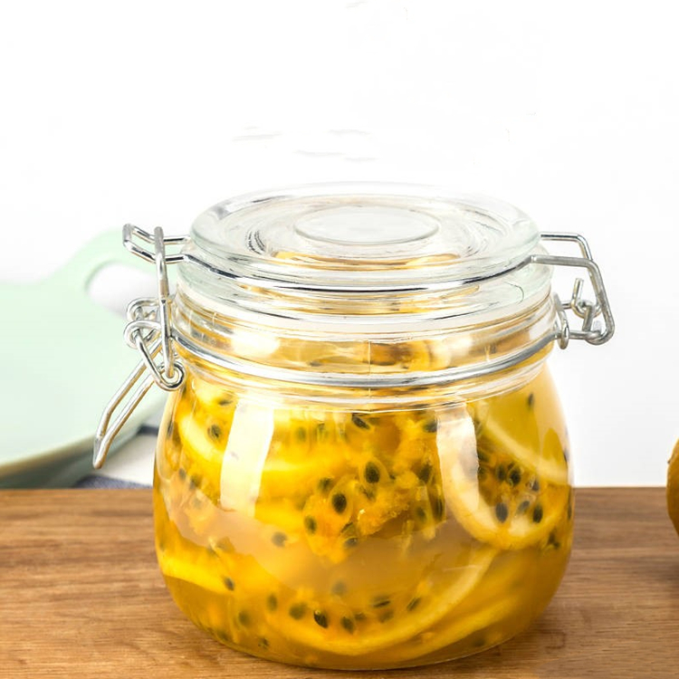 500ml 16oz round empty airtight glass preserving jar with clip top lid for candy peanut butter jelly pickled cucumbers