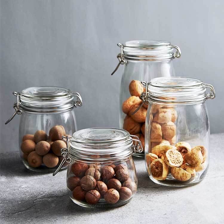 500ml 750ml 1000ml 1500ml wide mouth large clear glass storage jar with clip glass top lid
