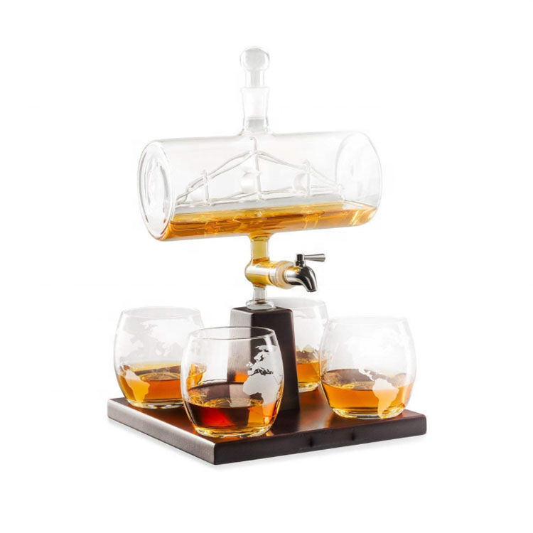 500ml 750ml 1000ml boat inside wine barrel with wooden base for vodka