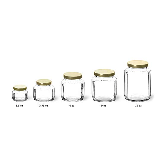 500ml 9oz 6oz 190ml 4oz 120ml 3.75z 110ml 55ml 2oz 45 ml 1.5oz 1oz honey oval hexagon glass jars with gold lid