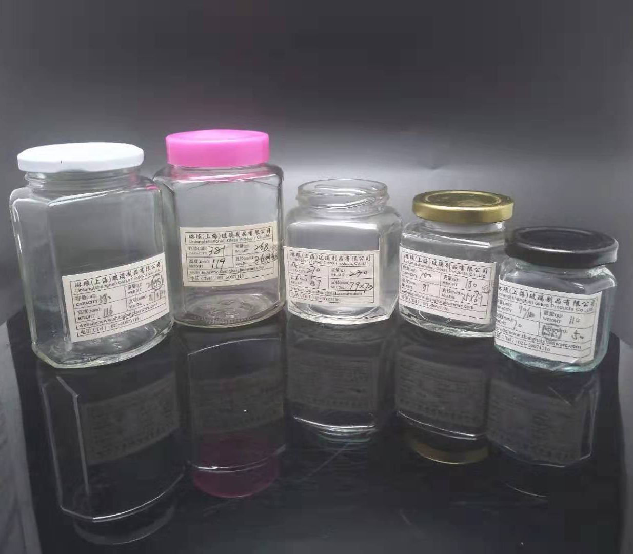 500ml 9oz 6oz 190ml 4oz 120ml 3.75z 110ml 55ml 2oz 45 ml 1.5oz 1oz honey oval hexagon glass jars with gold lid