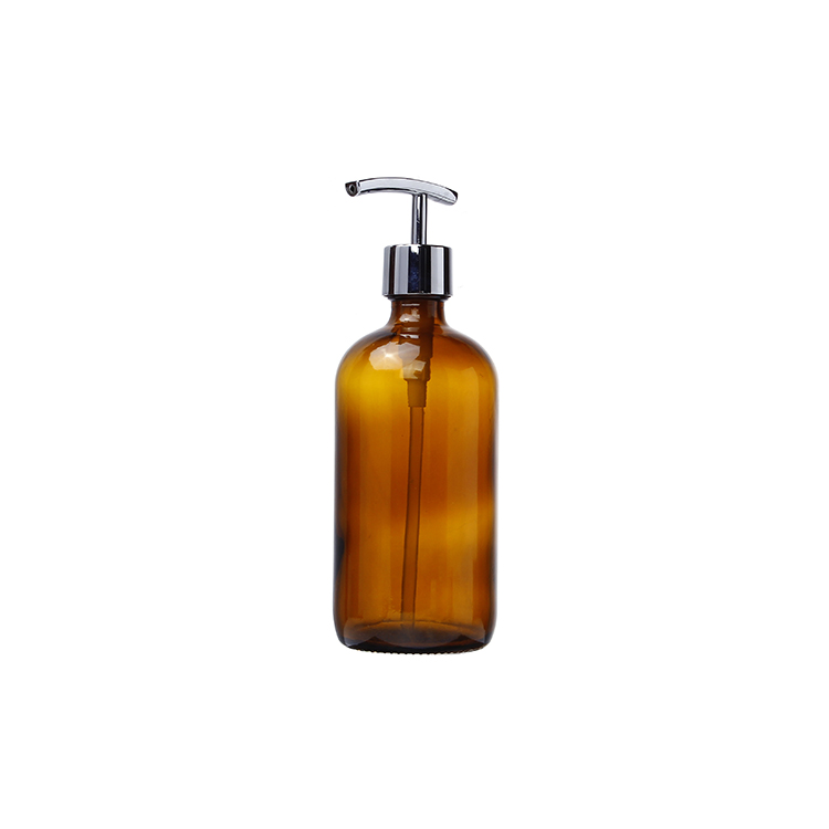500ml Amber Glass Pump Bottle with Stainless Steel Lotion Pump for Bathroom Shampoo Liquid Soap Dispenser