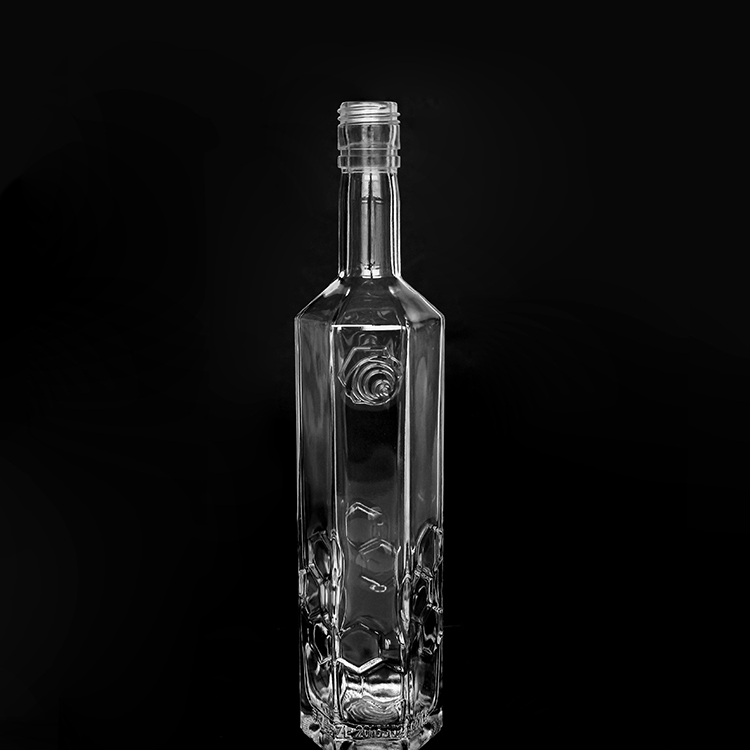 500ml Embossed Small Hexagon Shape Flint Whisky Spirits Hexagon Glass Bottle With Heavy Base
