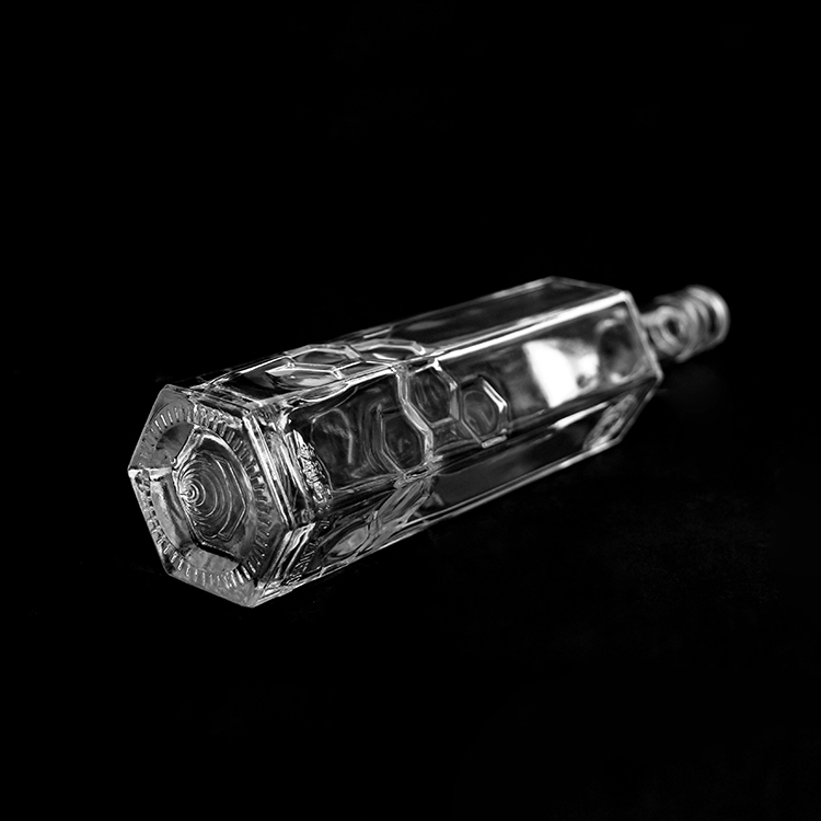 500ml Embossed Small Hexagon Shape Flint Whisky Spirits Hexagon Glass Bottle With Heavy Base