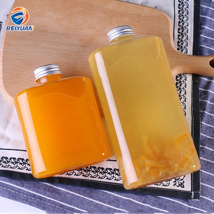 500ml Flat Square Disposable Plastic Bottle for Juice Milk Tea with Screw Aluminum Caps Customized