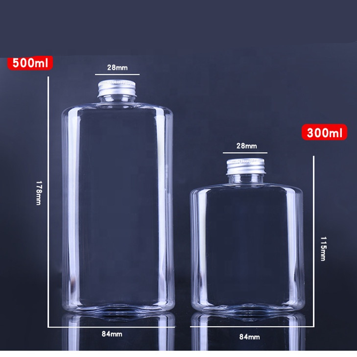 500ml Flat Square Disposable Plastic Bottle for Juice Milk Tea with Screw Aluminum Caps Customized