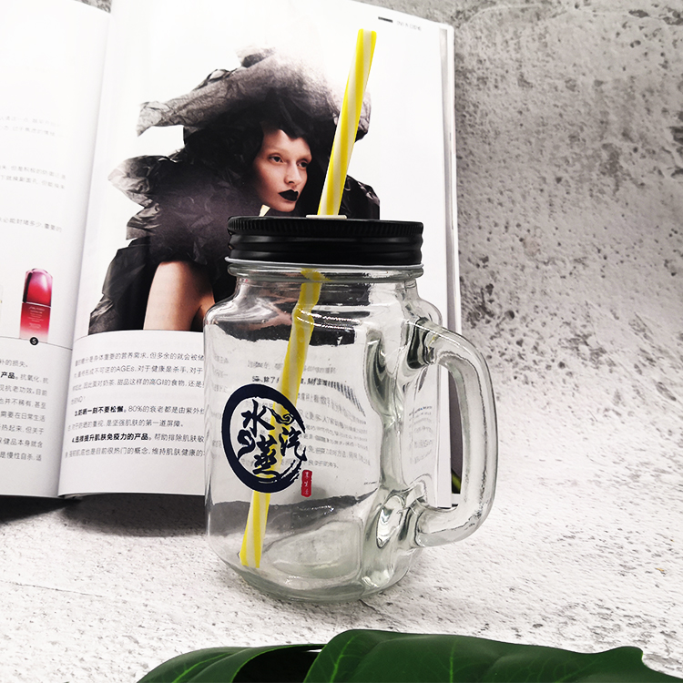 500ml Juice Beverage Glass Mason Jars for Drink with Handle and Straw