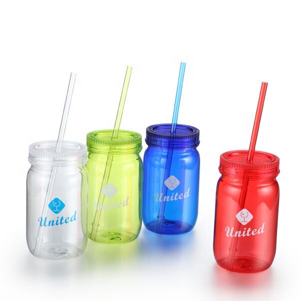 500ml PS plastic mason jar with lid and straw from direct manufacture supplier