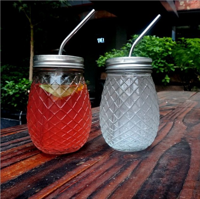 500ml Pineapple shaped Glass Mason Jar with Metal Lid Cold Drinks Cup pineapple glass cup