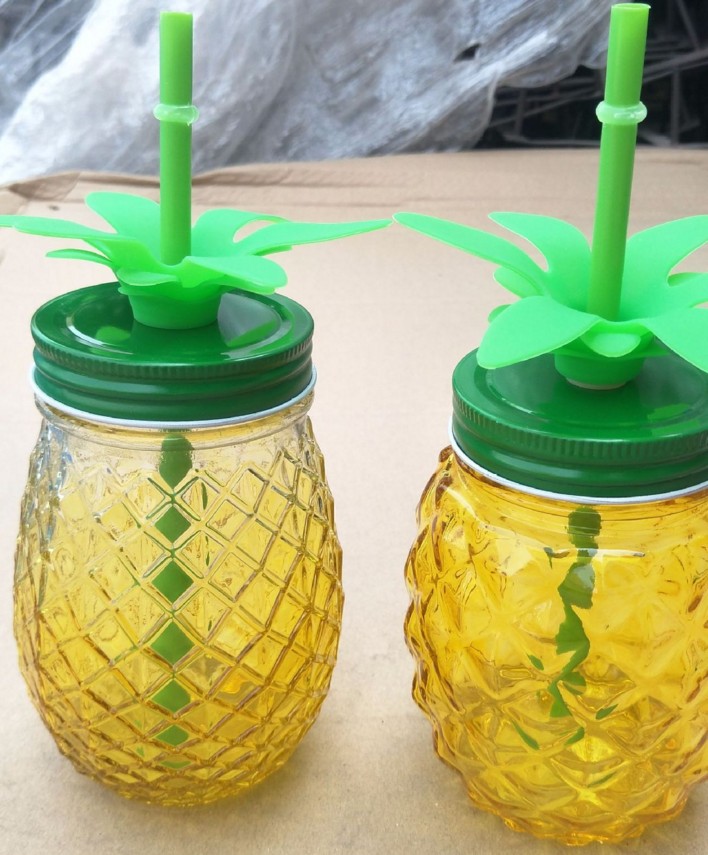 500ml Pineapple shaped Glass Mason Jar with Metal Lid Cold Drinks Cup pineapple glass cup