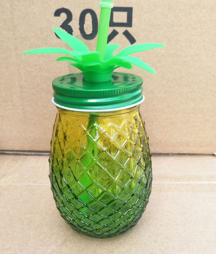 500ml Pineapple shaped Glass Mason Jar with Metal Lid Cold Drinks Cup pineapple glass cup