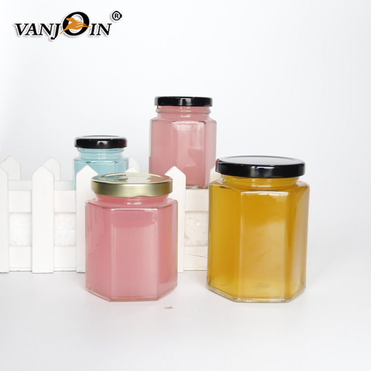 500ml Wholesale Hexagonal Glass Honey Container Honey Storage Jar Glass Honey Jar With Matel Lid
