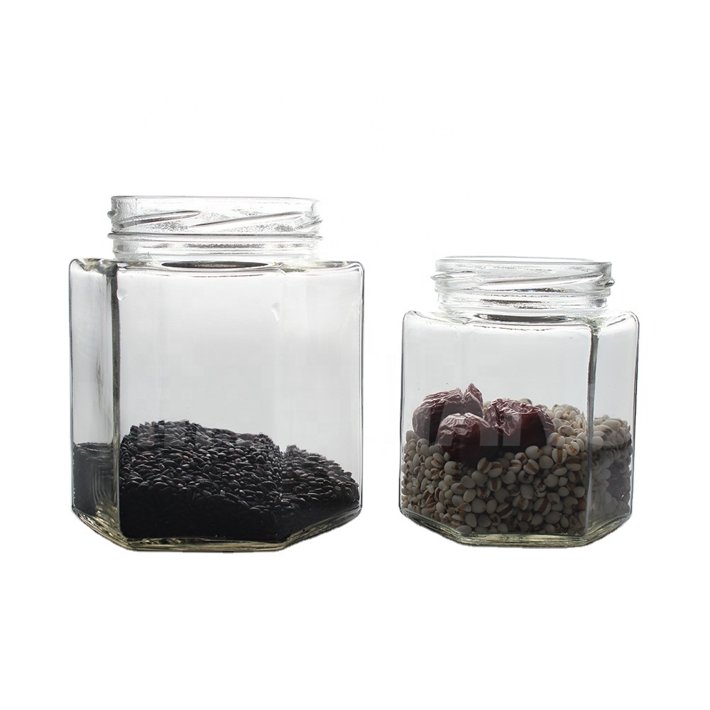 500ml cheap clear hexagonal glass utility food storage jar mini octagon queenline comb honey jar