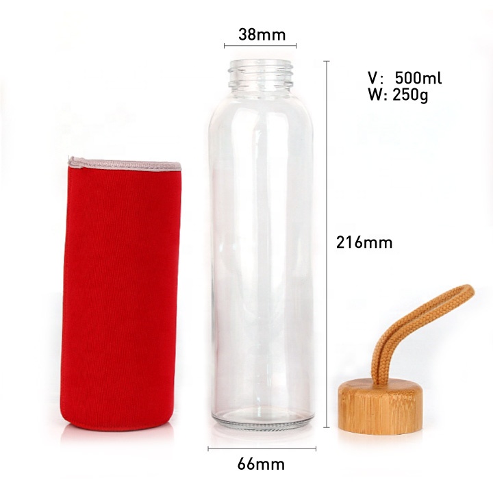 500ml cylinder glass water bottle with bamboo lid