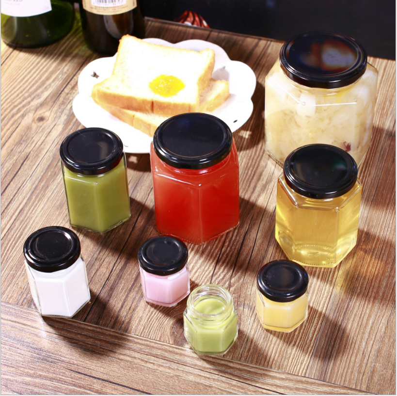 500ml hexagonal glass pickle bottle jam honey jar lead-free hexagonal bottle with metal lid