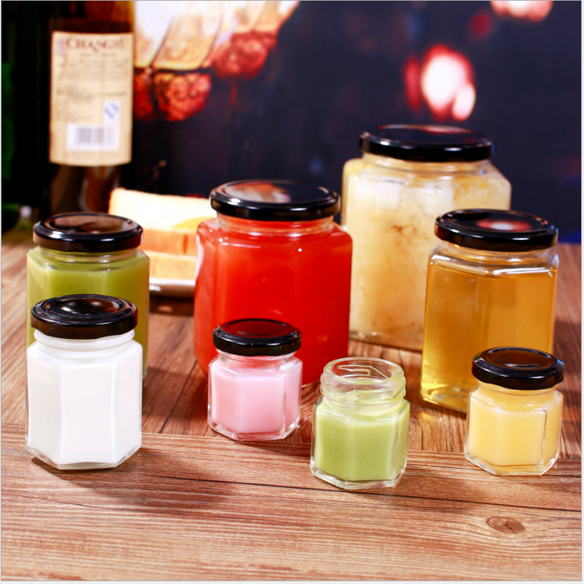 500ml hexagonal glass pickle bottle jam honey jar lead-free hexagonal bottle with metal lid