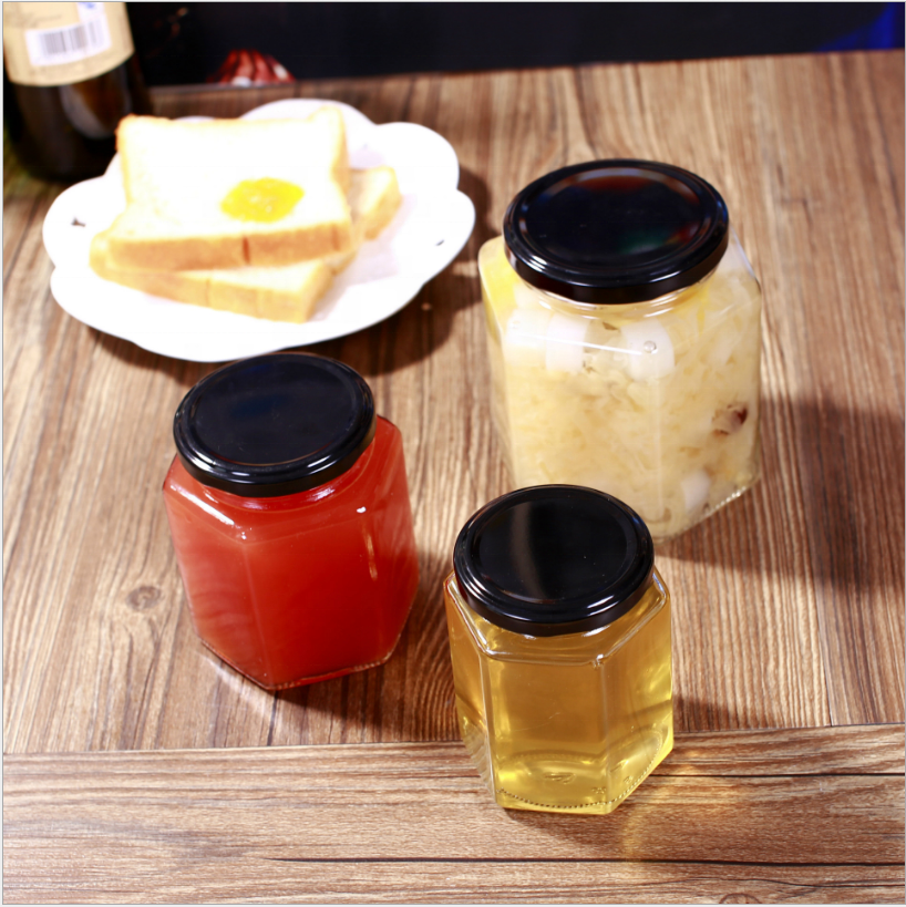 500ml hexagonal glass pickle bottle jam honey jar lead-free hexagonal bottle with metal lid