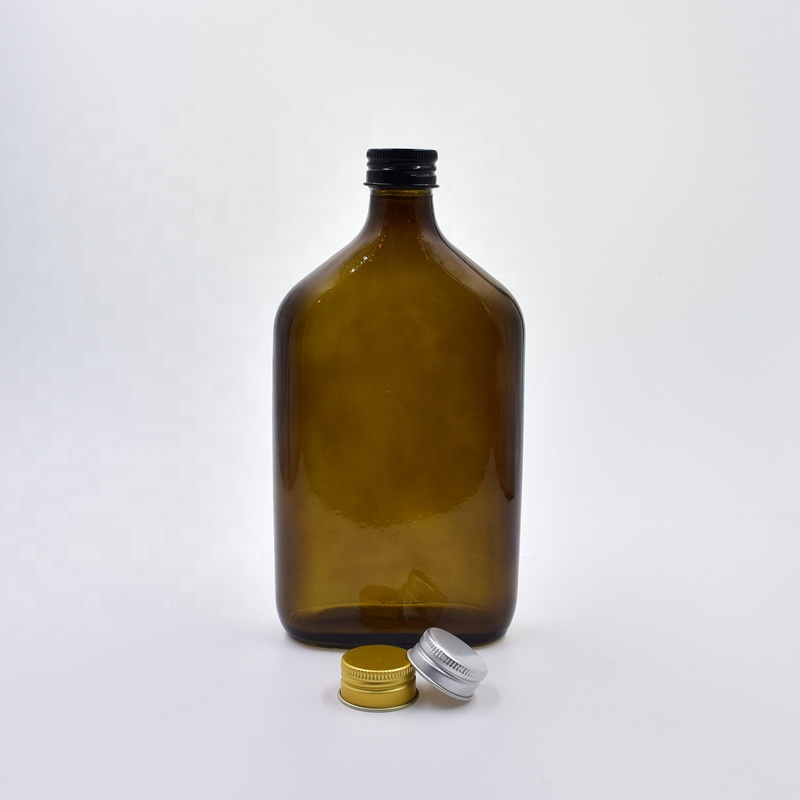 500ml mini portable flat oblate amber glass wine bottle for liquor vodka alcohol whiskey brandy with airtight screw aluminum cap