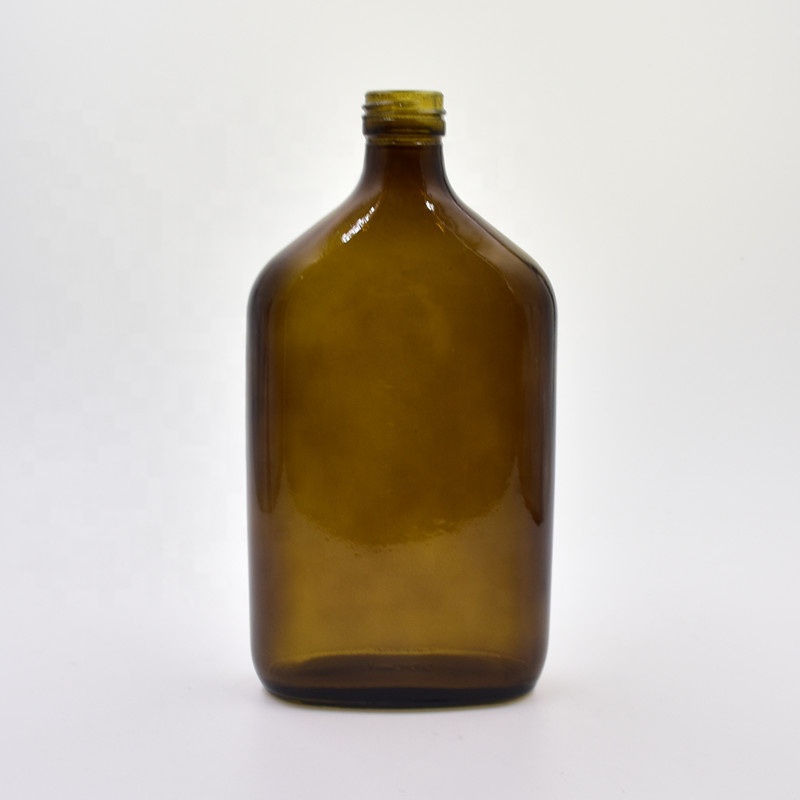 500ml mini portable flat oblate amber glass wine bottle for liquor vodka alcohol whiskey brandy with airtight screw aluminum cap