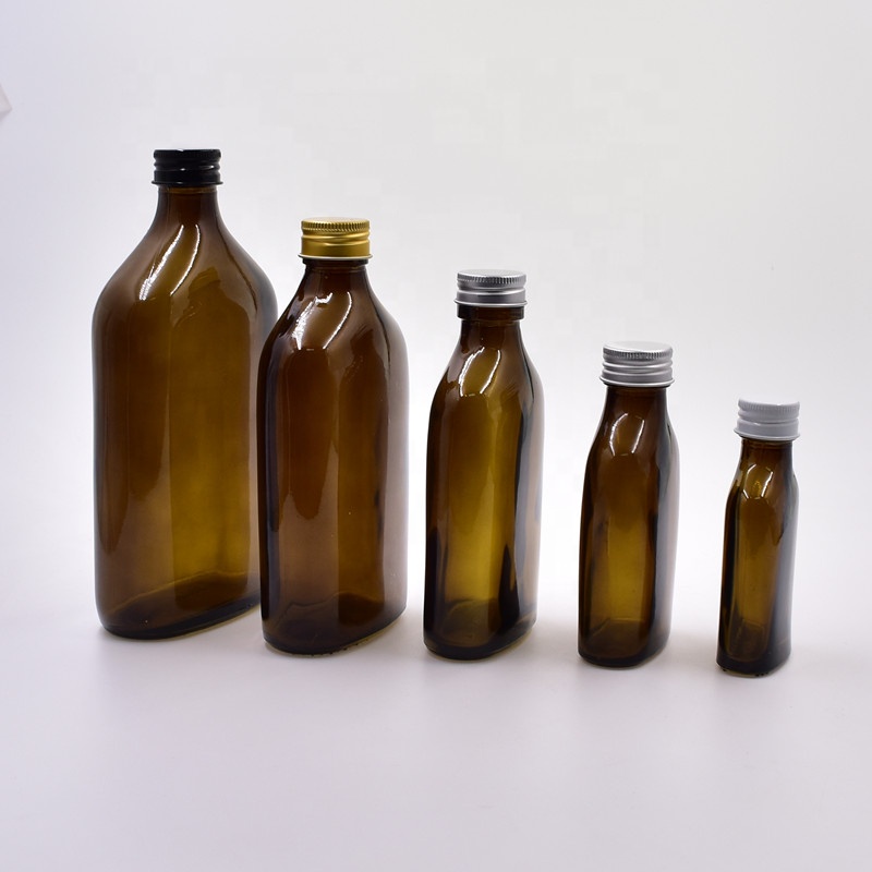 500ml mini portable flat oblate amber glass wine bottle for liquor vodka alcohol whiskey brandy with airtight screw aluminum cap