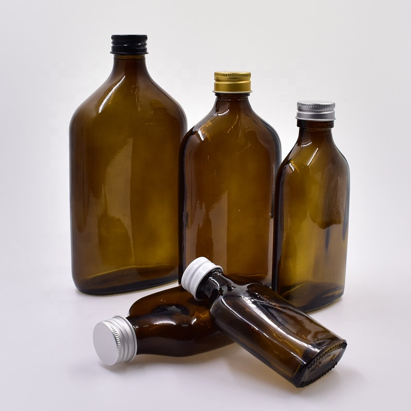 500ml mini portable flat oblate amber glass wine bottle for liquor vodka alcohol whiskey brandy with airtight screw aluminum cap