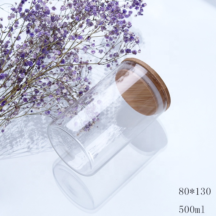 500ml round shape straight sided airless glass packaging container bamboo lid