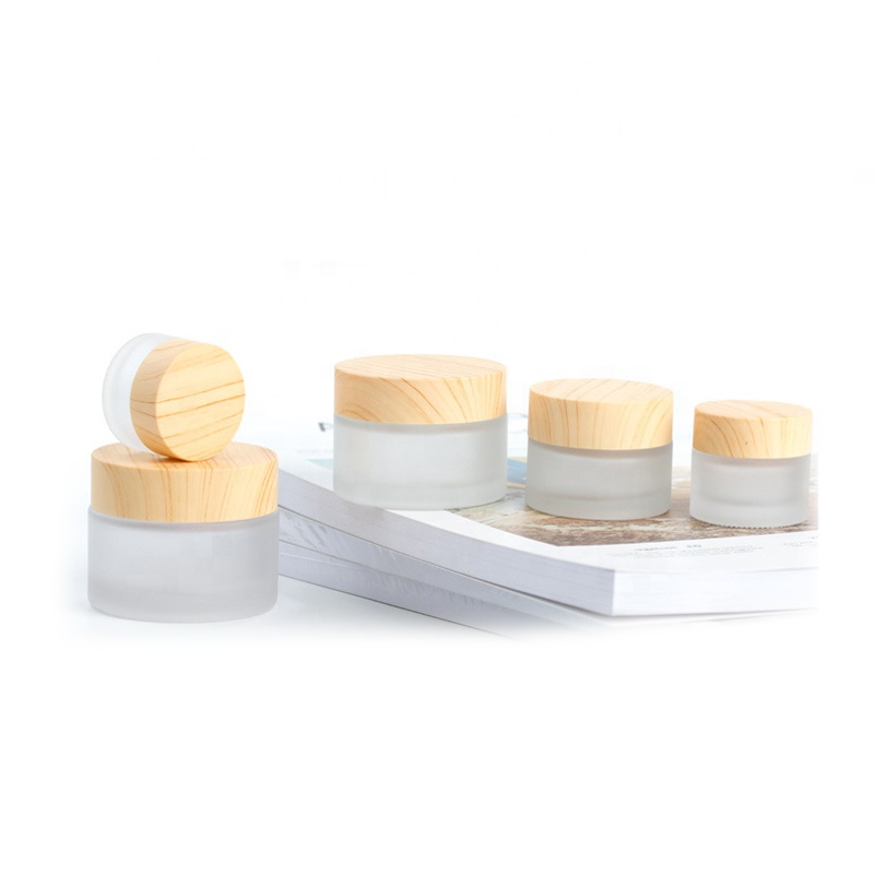 50G 1.7 oz Frost Glass Cosmetic Cream  Glass jar with Wooden Stripe Cap Lid