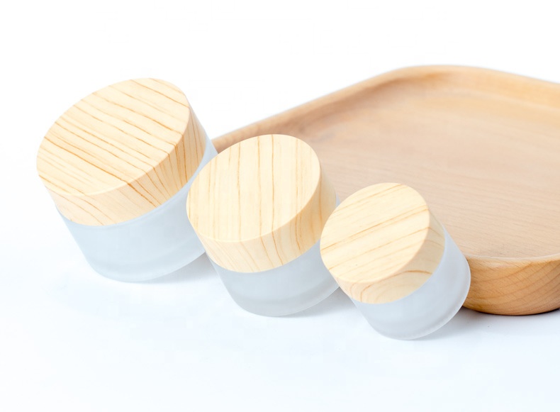 50G 1.7 oz Frost Glass Cosmetic Cream Glass jar with Wooden Stripe Cap Lid