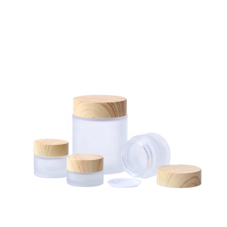 50G 1.7 oz Frost Glass Cosmetic Cream Glass jar with Wooden Stripe Cap Lid