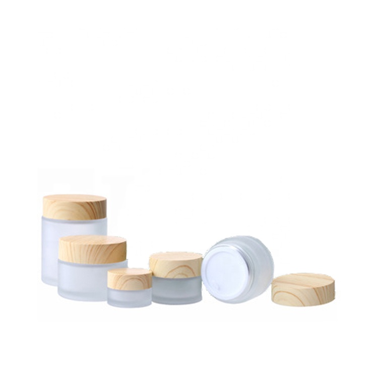 50G 1.7 oz Frost Glass Cosmetic Cream Glass jar with Wooden Stripe Cap Lid