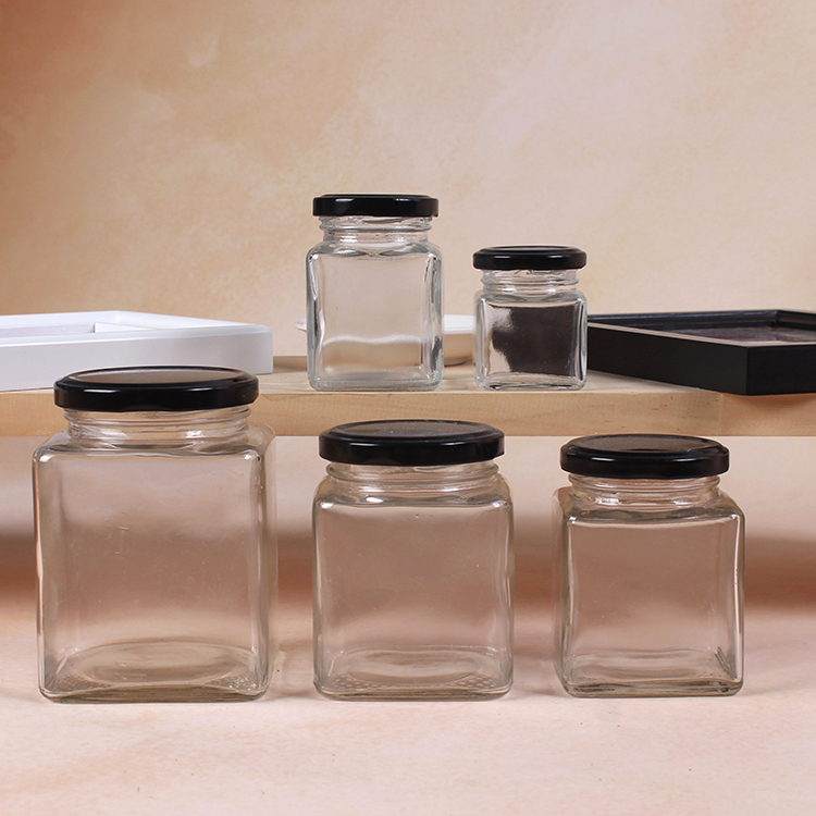 50ML 100ML 200ML 380ML 500ML Food Jam Honey Jar Square Glass Bottle With Tin Lid