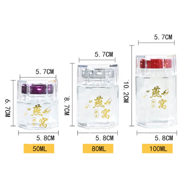 50ML Honey Jar Clear Empty Hexagonal Shape Bird' Nest Packing Glass Bottle with Screw lid