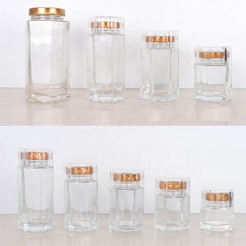50ML Honey Jar Clear Empty Hexagonal Shape Bird' Nest Packing Glass Bottle with Screw lid