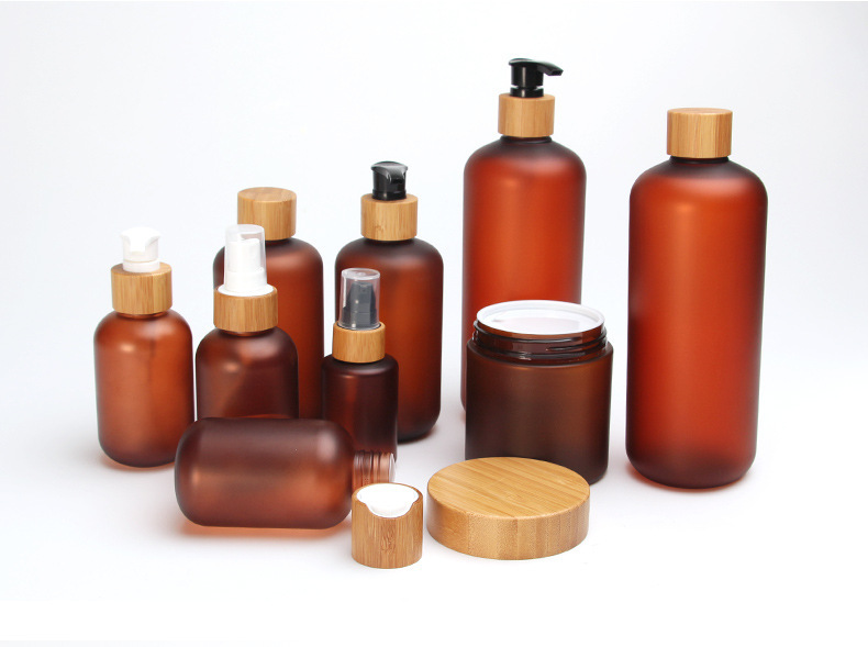 50g 100g 150g 200g 250g 500g Amber frosted pet plastic cosmetic cream lotion jar container bottle with Bamboo lid