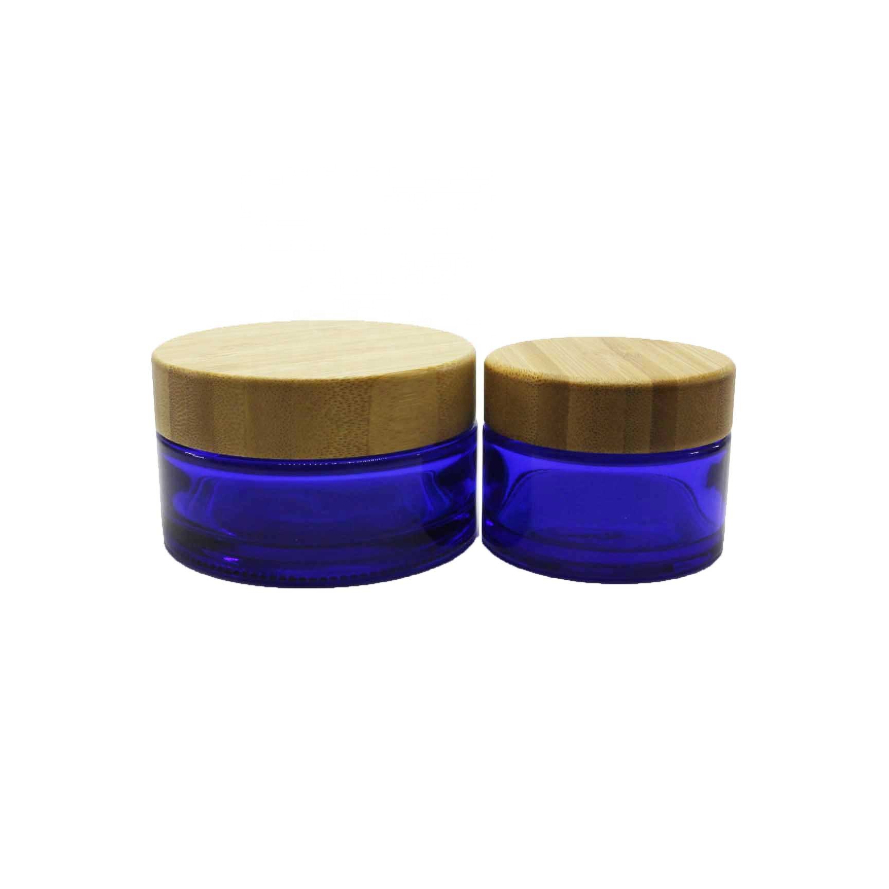 50g 100g Cobalt blue glass bamboo cosmetic jar with bamboo lid packaging LZ-63Q