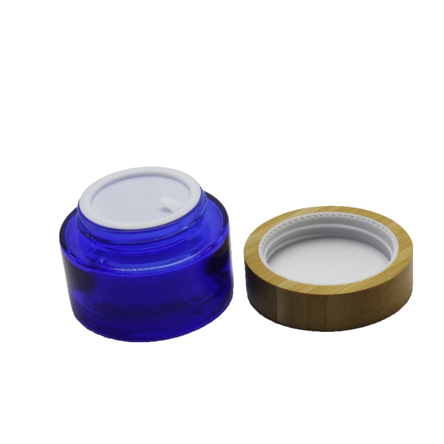 50g 100g Cobalt blue glass bamboo cosmetic jar with bamboo lid packaging LZ-63Q