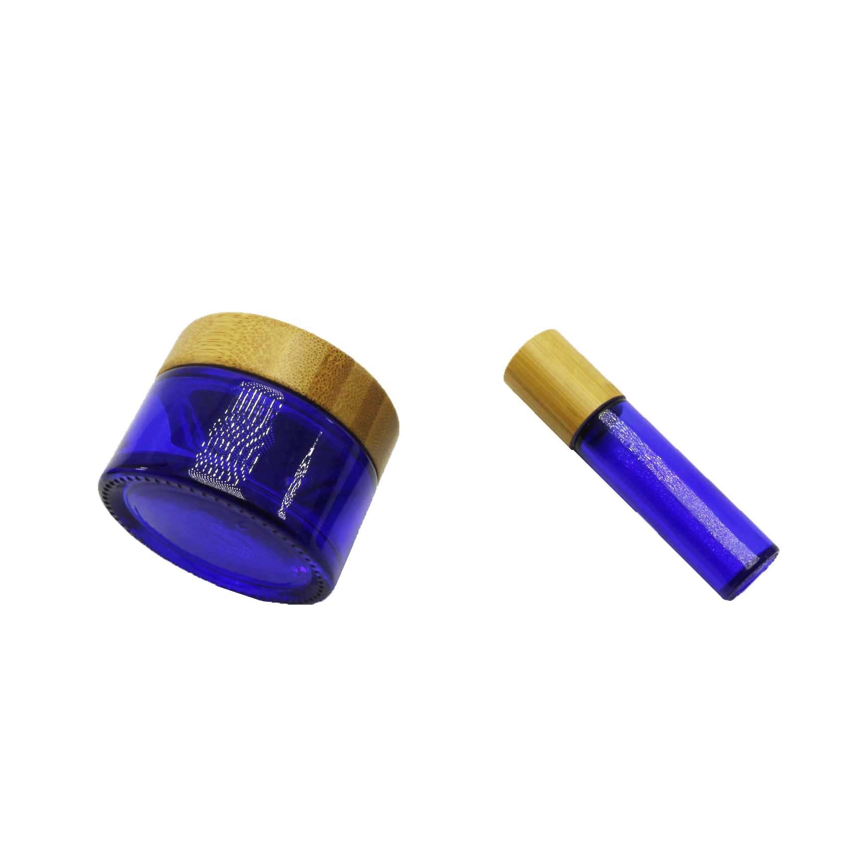 50g 100g Cobalt blue glass bamboo cosmetic jar with bamboo lid packaging LZ-63Q