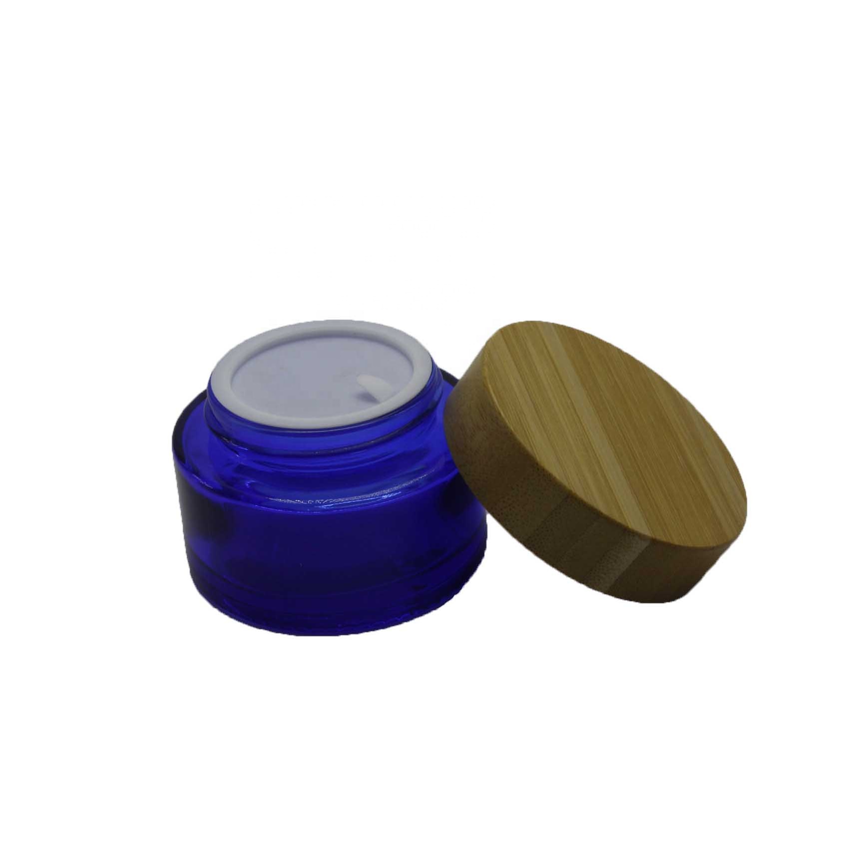 50g 100g Cobalt blue glass bamboo cosmetic jar with bamboo lid packaging LZ-63Q