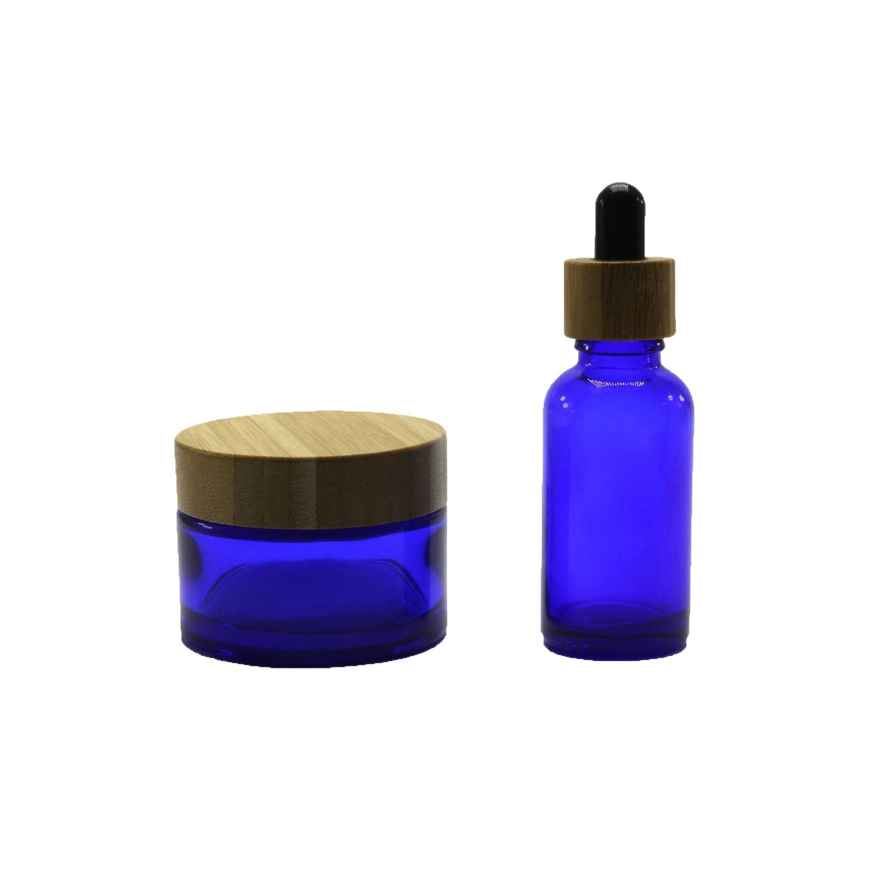 50g 100g Cobalt blue glass bamboo cosmetic jar with bamboo lid packaging LZ-63Q