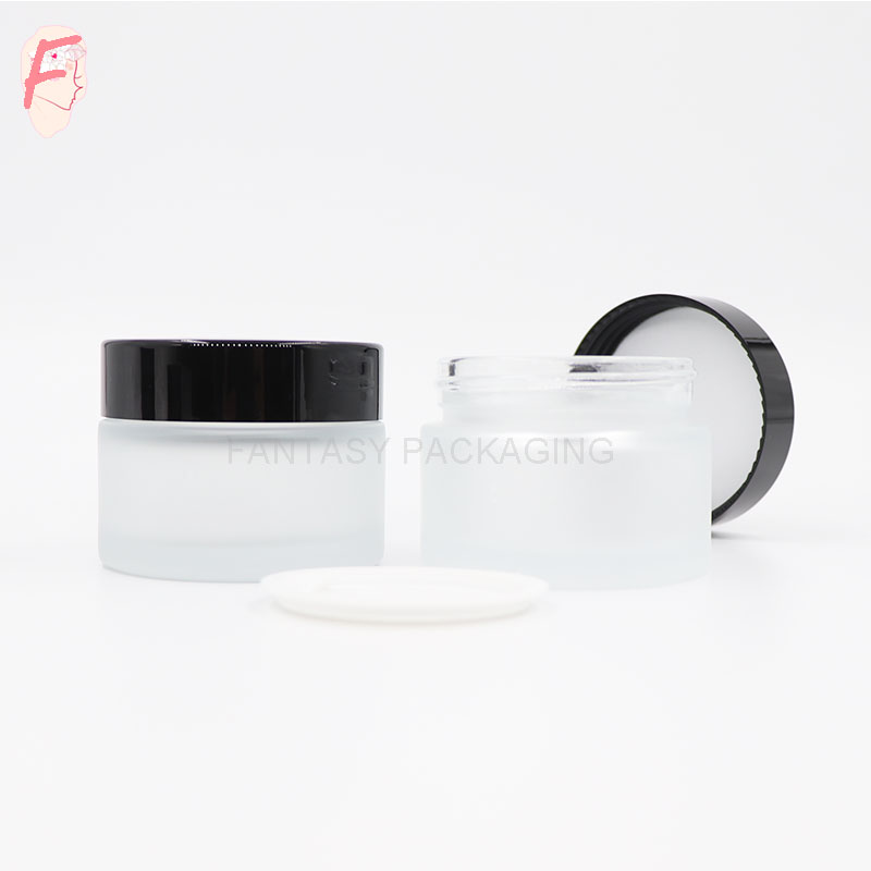 50g 100g glass collar and body material cosmetic usage skin care cream container frosted jar with black and white cap