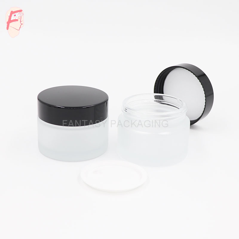 50g 100g glass collar and body material cosmetic usage skin care cream container frosted jar with black and white cap