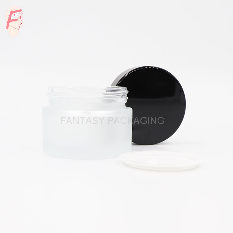 50g 100g glass collar and body material cosmetic usage skin care cream container frosted jar with black and white cap