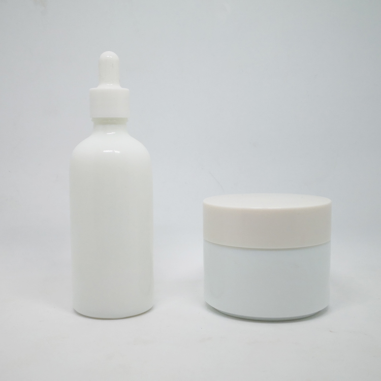 50g 100g opal white cosmetic ceramic glass jar and bottle set with gold aluminum lids